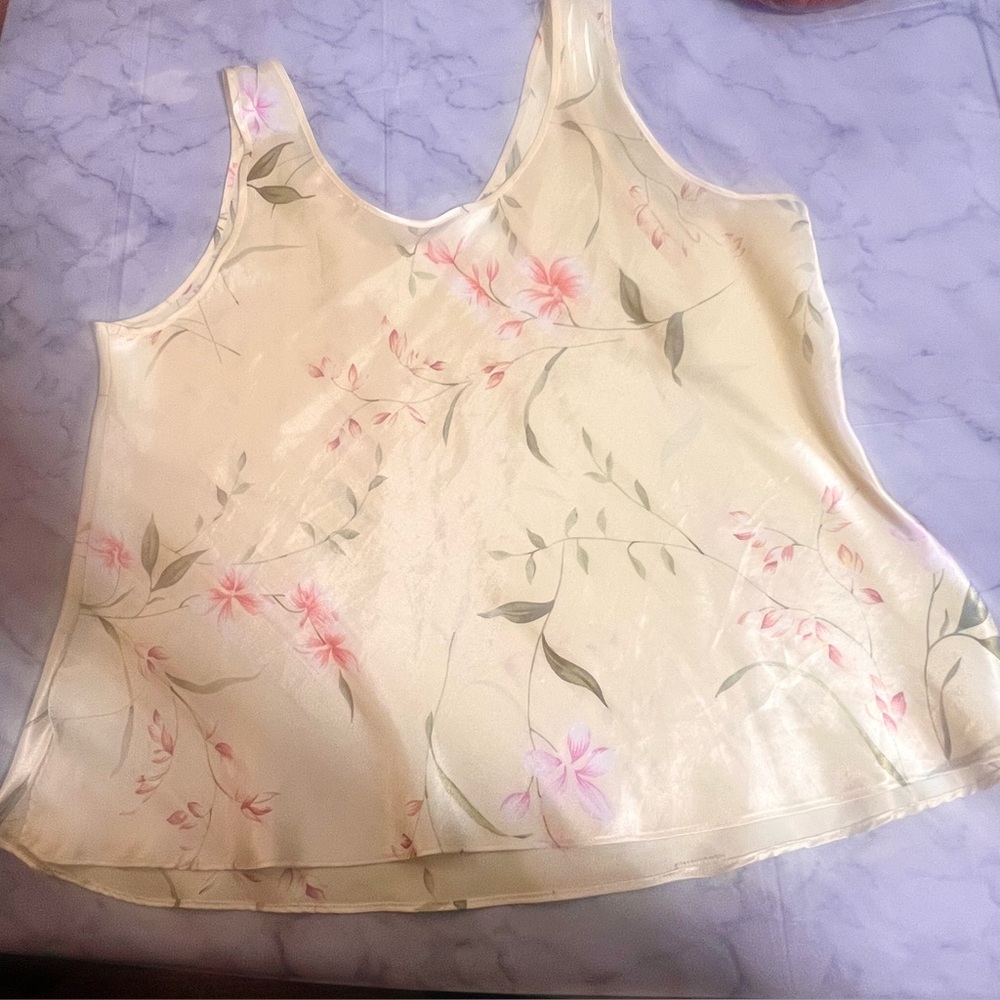 Y2K XL Oscar De La Renta Pink Label Floral Satin Feel Scoop Camisole Side Slits - Picture 14 of 14
